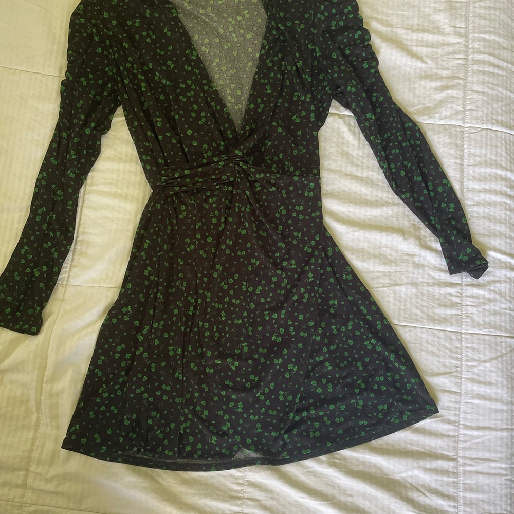 Mango Black and Green Fit and Flare Dress with Bishop Sleeves
